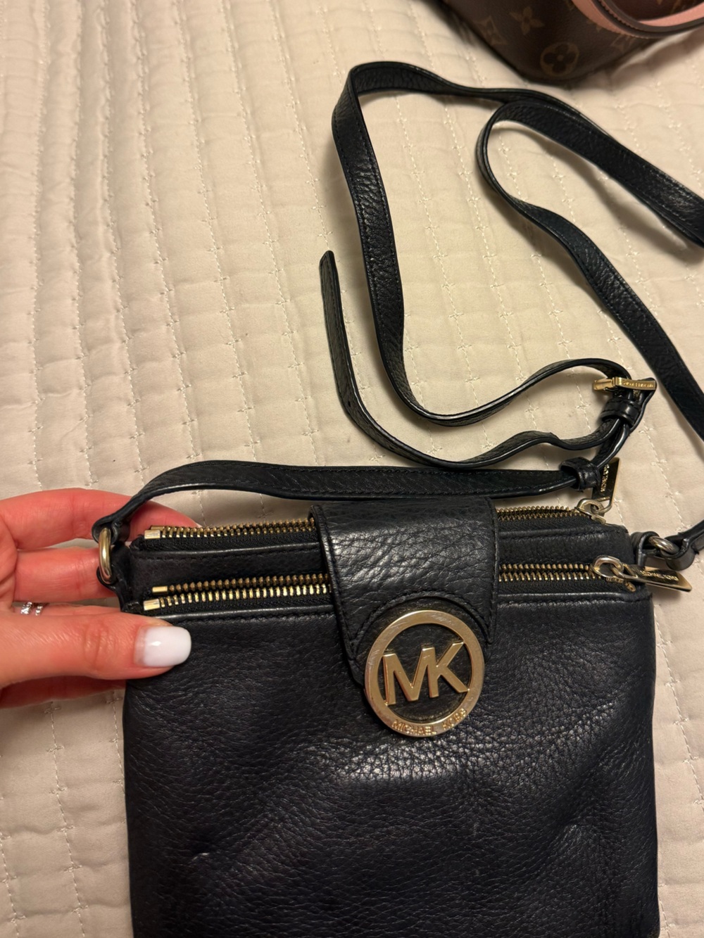 Michael Kors Black Leather Pebbled Crossbody with Gold MK Emblem